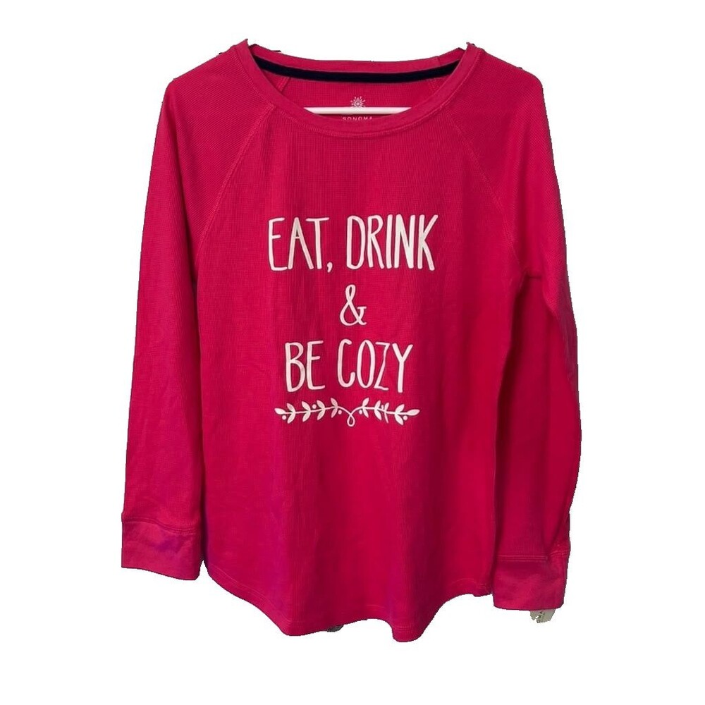 Sonoma Waffle Knit Women Large Pink Cotton Long Sleeve Graphic New